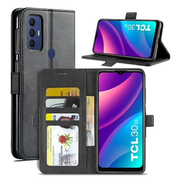 For TCL 30 SE Case RFID Blocking Retro Flip Premium Leather Card Holder Wallet Cover – (Black) For TCL 30 SE Case RFID Blocking Retro Flip Premium Leather Card Holder Wallet Cover – (Black)